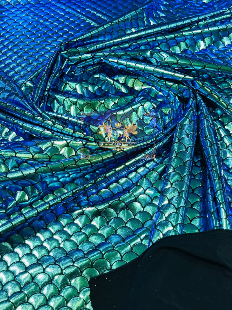 Mermaid Spandex Foil Fabric - Green / Blue - Mermaid Design on Stretch Fabric By Yard