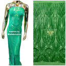 Long Wavy Line Design Sequins - Green Iridescent - 4 Way Stretch Sequin Design on Mesh Fabric By Yard