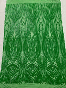 Long Wavy Line Design Sequins - Green Iridescent - 4 Way Stretch Sequin Design on Mesh Fabric By Yard