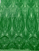 Long Wavy Line Design Sequins - Green Iridescent - 4 Way Stretch Sequin Design on Mesh Fabric By Yard