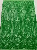 Long Wavy Line Design Sequins - Green Iridescent - 4 Way Stretch Sequin Design on Mesh Fabric By Yard