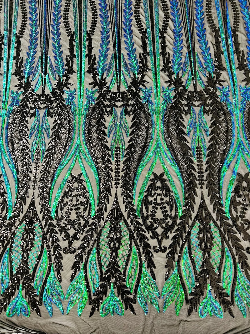 Two Tone Mermaid Fabric - Black/Green Iridescent - 4 Way Stretch Sequins Fabric on Mesh By Yard