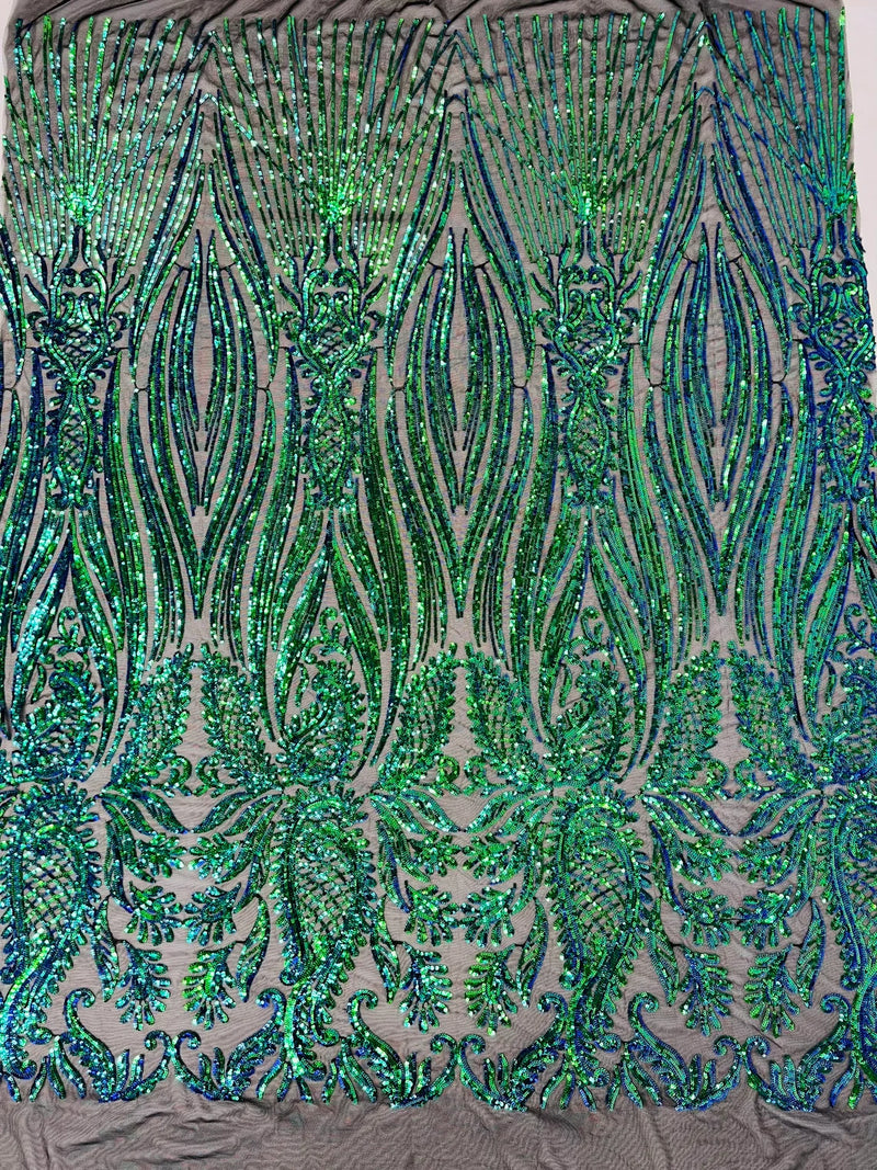 Paisley Lines Sequin Fabric - Green Mermaid - 4 Way Stretch Fancy Fabric By The Yard