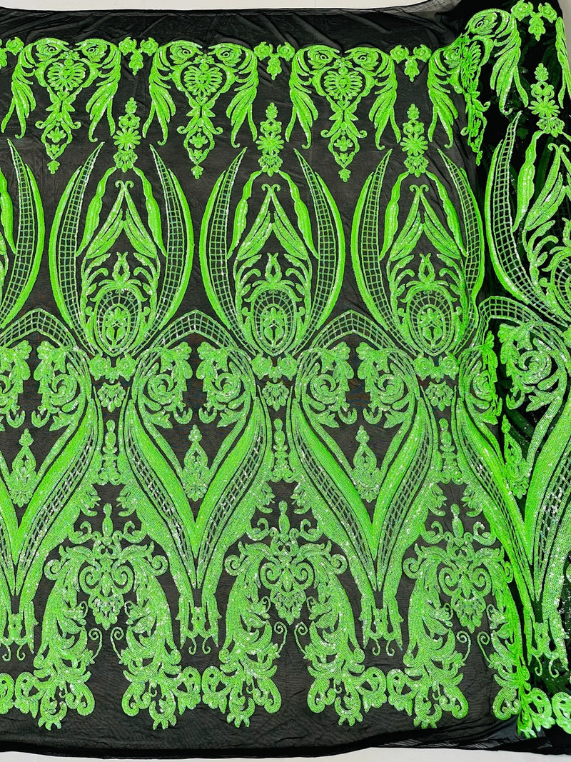 Damask Sequins - Holographic Neon Green Damask Sequin Design on 4 Way Stretch Fabric By Yard