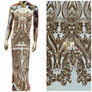 Big Damask Sequins - Gold - Damask Sequin Design on 4 Way Stretch Fabric By Yard