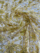 Holographic Floral Lace - Gold - Flower Sequins Lace Design w/ Metallic Thread by Yard