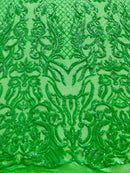 4 Way Stretch Fabric Design - Green - Fancy Net Sequins Design Fabric By Yard