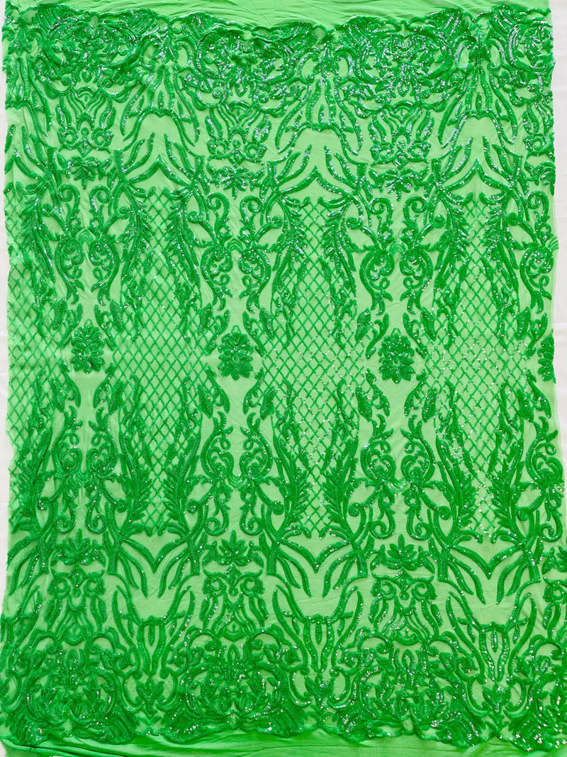 4 Way Stretch Fabric Design - Green - Fancy Net Sequins Design Fabric By Yard