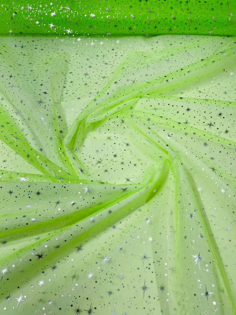 Foil Star Sheer Organza - Silver On Lime Green - 60" Sheer Silver Star Organza Fabric Sold By Yard