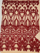 Damask Small Heart Design - Holographic Red on Nude - Floral Heart Design Sequins on Mesh By Yard
