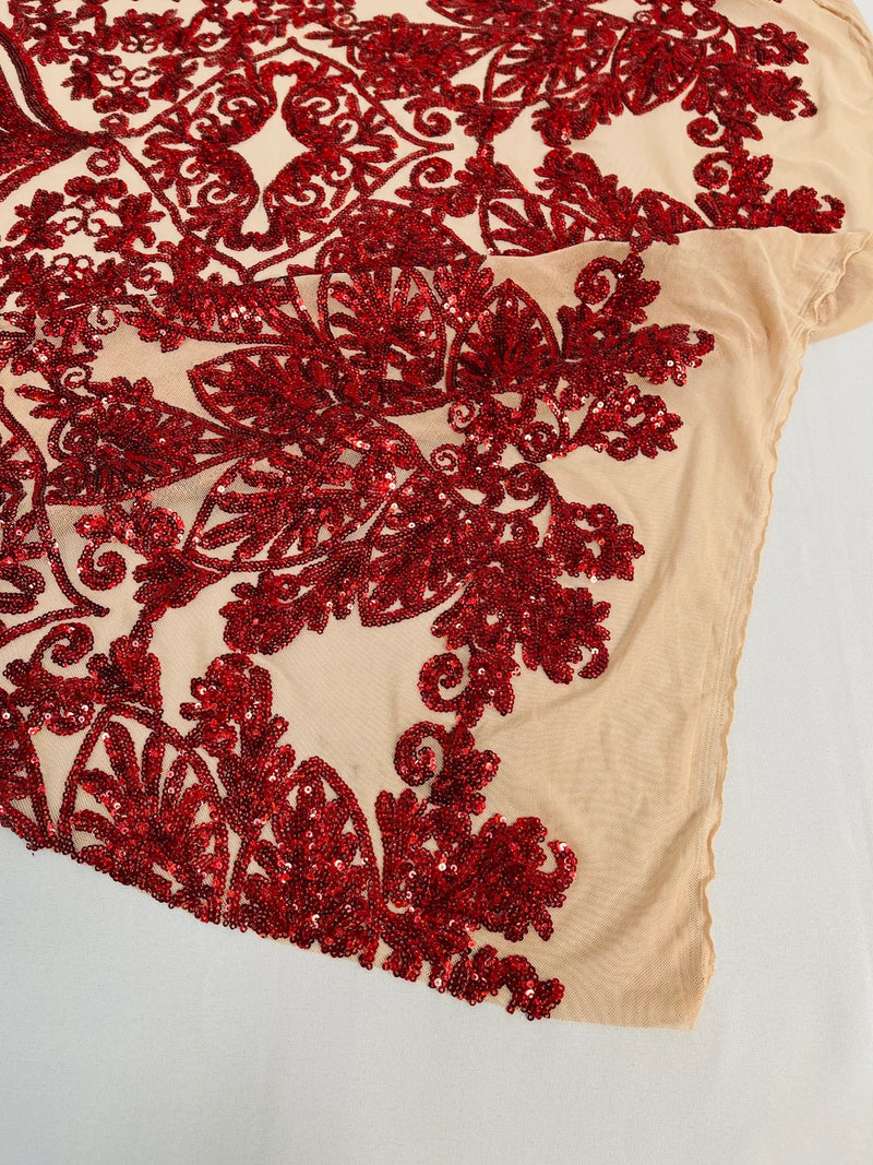 Damask Small Heart Design - Holographic Red on Nude - Floral Heart Design Sequins on Mesh By Yard