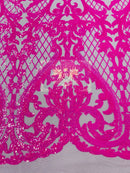 Heart Shape Sequins Fabric - Hot Pink - 4 Way Stretch Sequins Damask Fabric By Yard