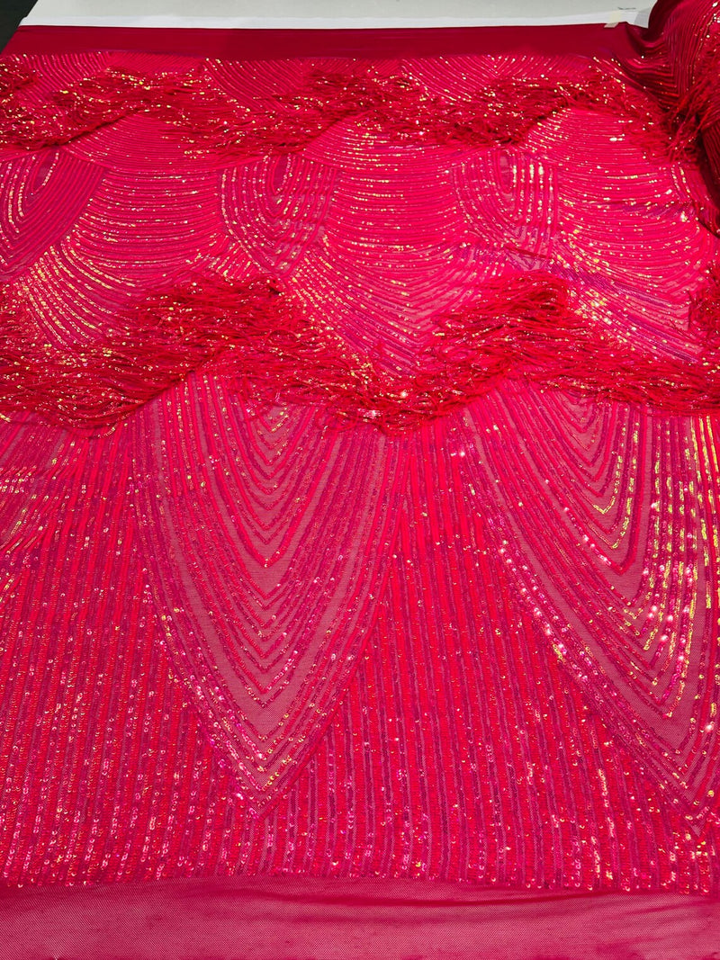 Fringe Sequins Design - Hot Pink - Fringe Design Embroidered on a  4 Way Stretch Lace Mesh (Pick A Size)