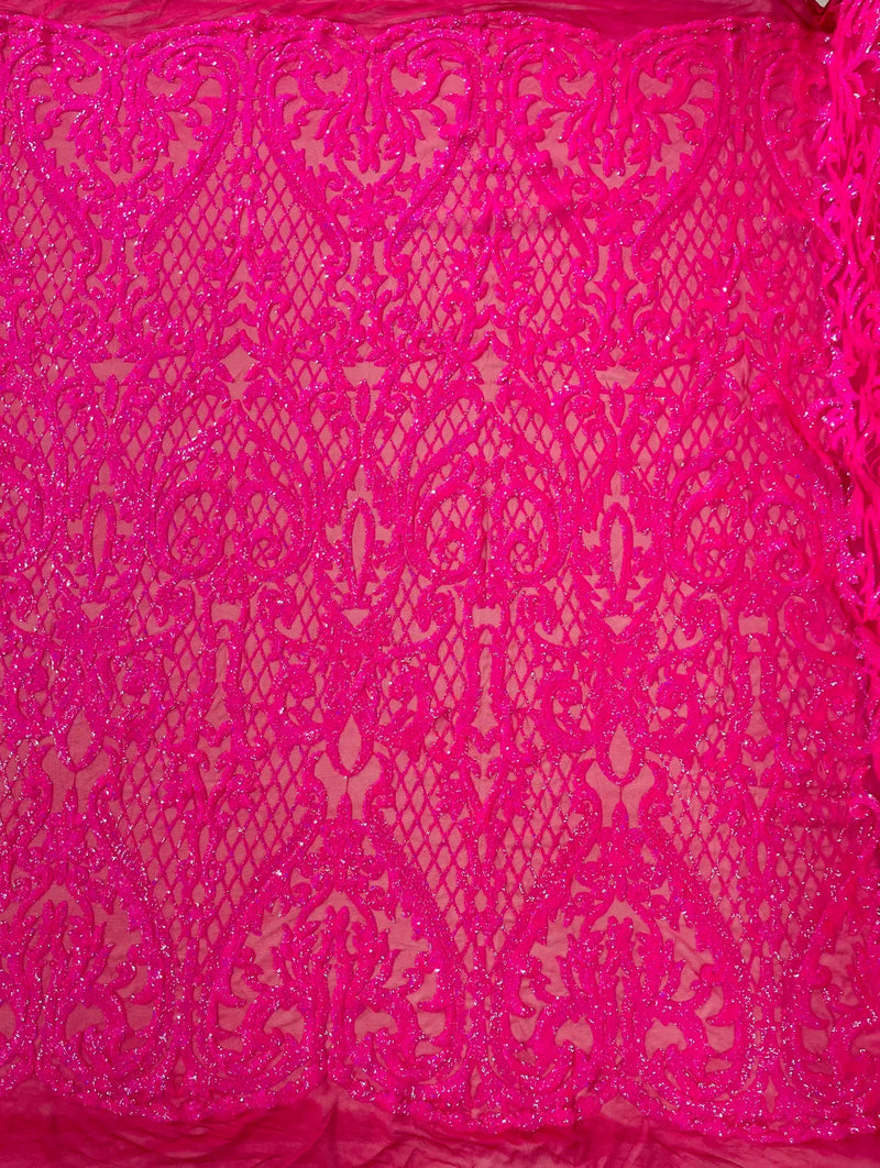 Heart Shape Sequins Fabric - Hot Pink - 4 Way Stretch Sequins Damask Fabric By Yard