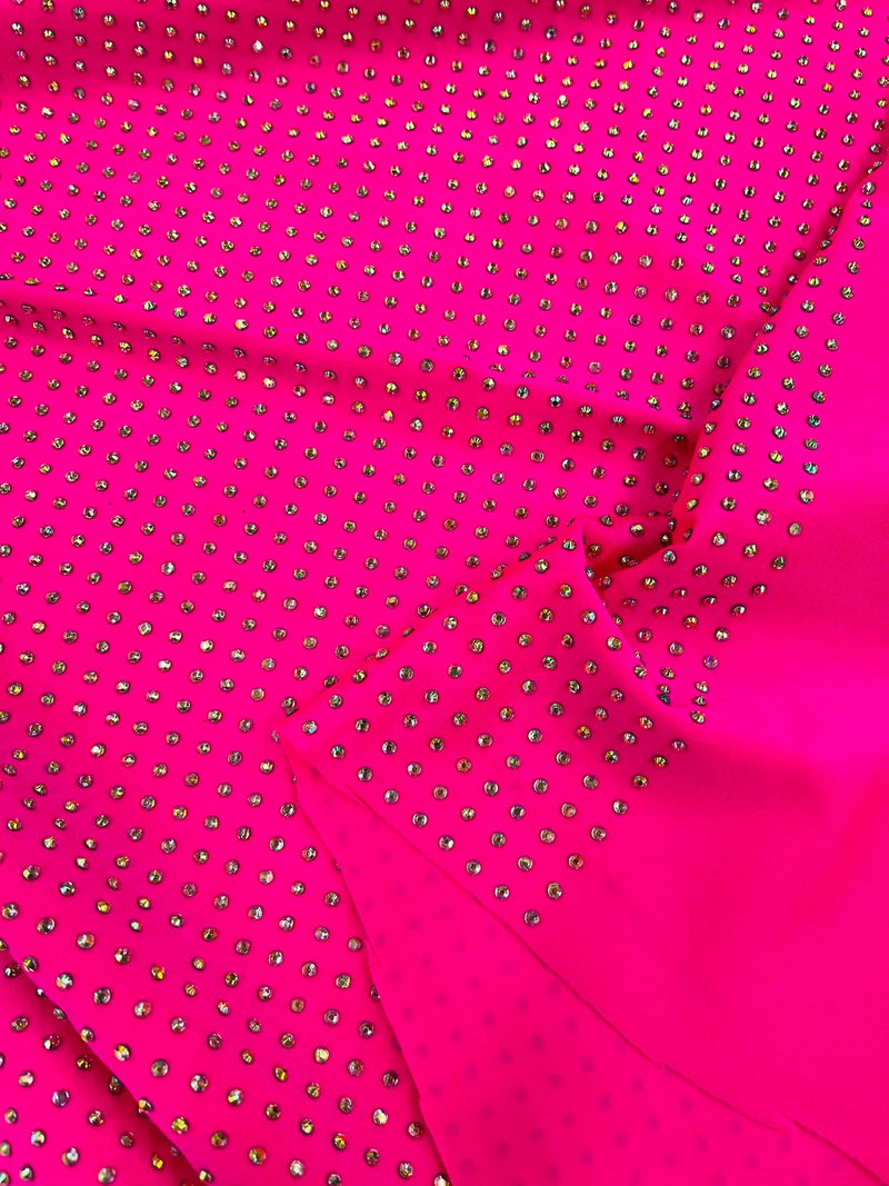 Rhinestones Solid Color Fabric - Hot Pink - 4 Way Stretch Soft Solid Fabric with Crystal RhineStones Sold by Yard