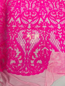 Heart Shape Sequins Fabric - Hot Pink - 4 Way Stretch Sequins Damask Fabric By Yard