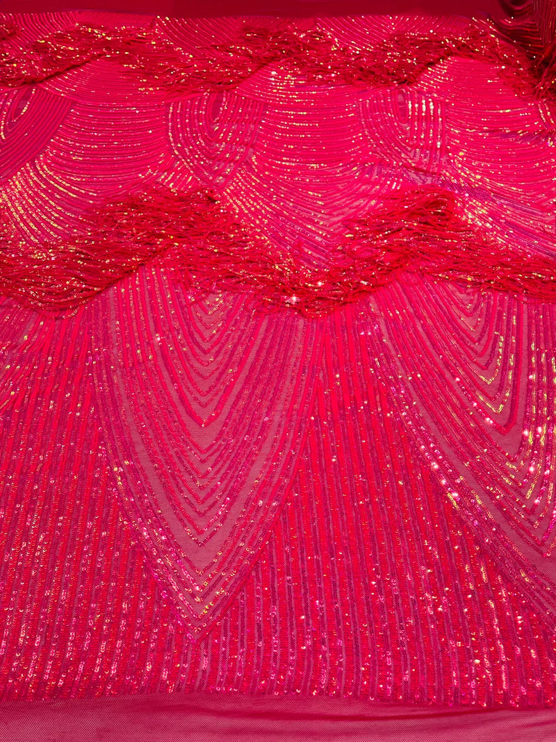 Fringe Sequins Design - Hot Pink - Fringe Design Embroidered on a  4 Way Stretch Lace Mesh (Pick A Size)