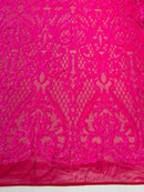 Heart Shape Sequins Fabric - Hot Pink - 4 Way Stretch Sequins Damask Fabric By Yard