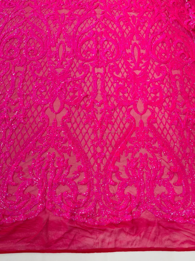 Heart Shape Sequins Fabric - Hot Pink - 4 Way Stretch Sequins Damask Fabric By Yard