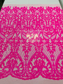 Heart Shape Sequins Fabric - Hot Pink - 4 Way Stretch Sequins Damask Fabric By Yard