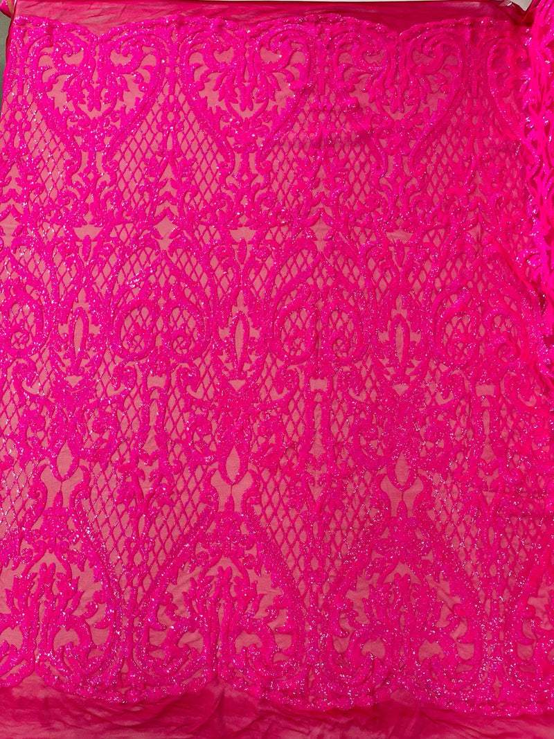 Heart Shape Sequins Fabric - Hot Pink - 4 Way Stretch Sequins Damask Fabric By Yard