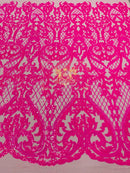 Heart Shape Sequins Fabric - Hot Pink - 4 Way Stretch Sequins Damask Fabric By Yard