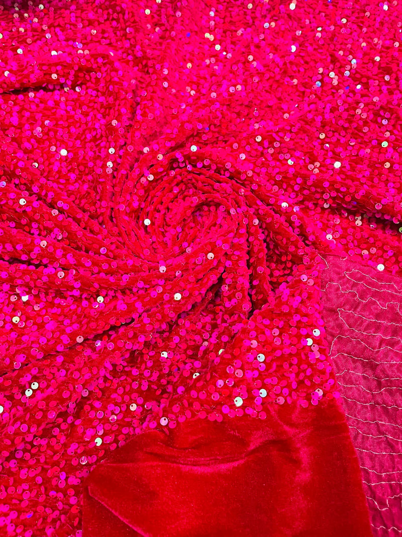 58/60" Velvet Sequins Stretch Fabric - Hot Pink Iridescent - Velvet Sequins 2 Way Stretch Sold By Yard