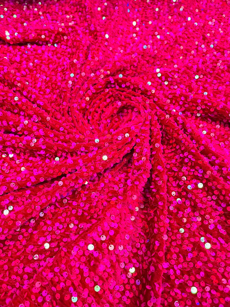 58/60" Velvet Sequins Stretch Fabric - Hot Pink Iridescent - Velvet Sequins 2 Way Stretch Sold By Yard