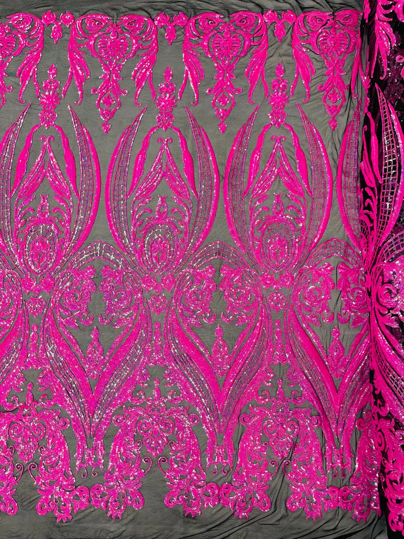 Damask Sequins - Hot Pink on Black - Damask Sequin Design on 4 Way Stretch Fabric By Yard