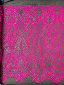Damask Sequins Fabric - Hot Pink - Shiny Sequin Design on 4 Way Stretch Black Mesh Fabric By Yard