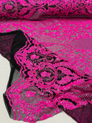 Damask Sequins Fabric - Hot Pink - Shiny Sequin Design on 4 Way Stretch Black Mesh Fabric By Yard