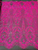 Damask Sequins Fabric - Hot Pink - Shiny Sequin Design on 4 Way Stretch Black Mesh Fabric By Yard