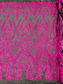 Damask Sequins - Hot Pink on Black - Damask Sequin Design on 4 Way Stretch Fabric By Yard