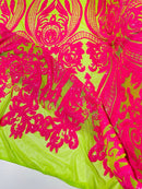 Damask Sequins - Hot Pink on Lime Green - Damask Sequin Design on 4 Way Stretch Fabric By Yard