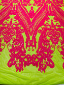 Damask Sequins - Hot Pink on Lime Green - Damask Sequin Design on 4 Way Stretch Fabric By Yard