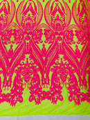 Damask Sequins - Hot Pink on Lime Green - Damask Sequin Design on 4 Way Stretch Fabric By Yard
