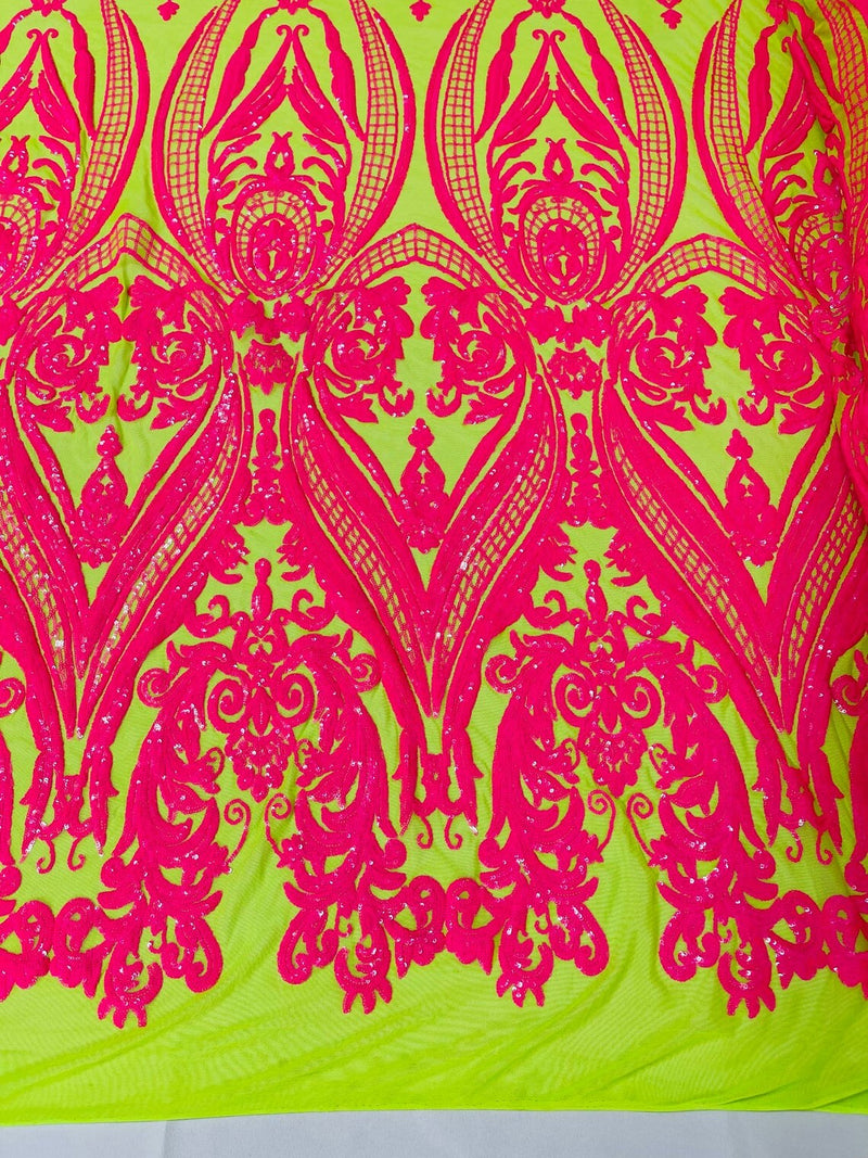 Damask Sequins - Hot Pink on Lime Green - Damask Sequin Design on 4 Way Stretch Fabric By Yard