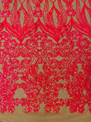 Damask Small Heart Design - Hot Pink on Nude - Floral Heart Design Sequins on Mesh By Yard