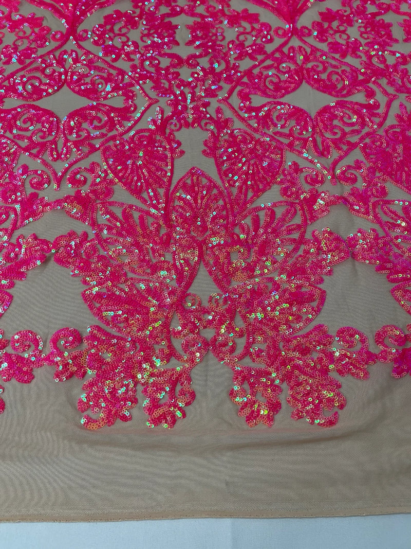 Damask Small Heart Design - Hot Pink on Nude - Floral Heart Design Sequins on Mesh By Yard