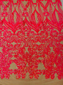 Damask Small Heart Design - Hot Pink on Nude - Floral Heart Design Sequins on Mesh By Yard