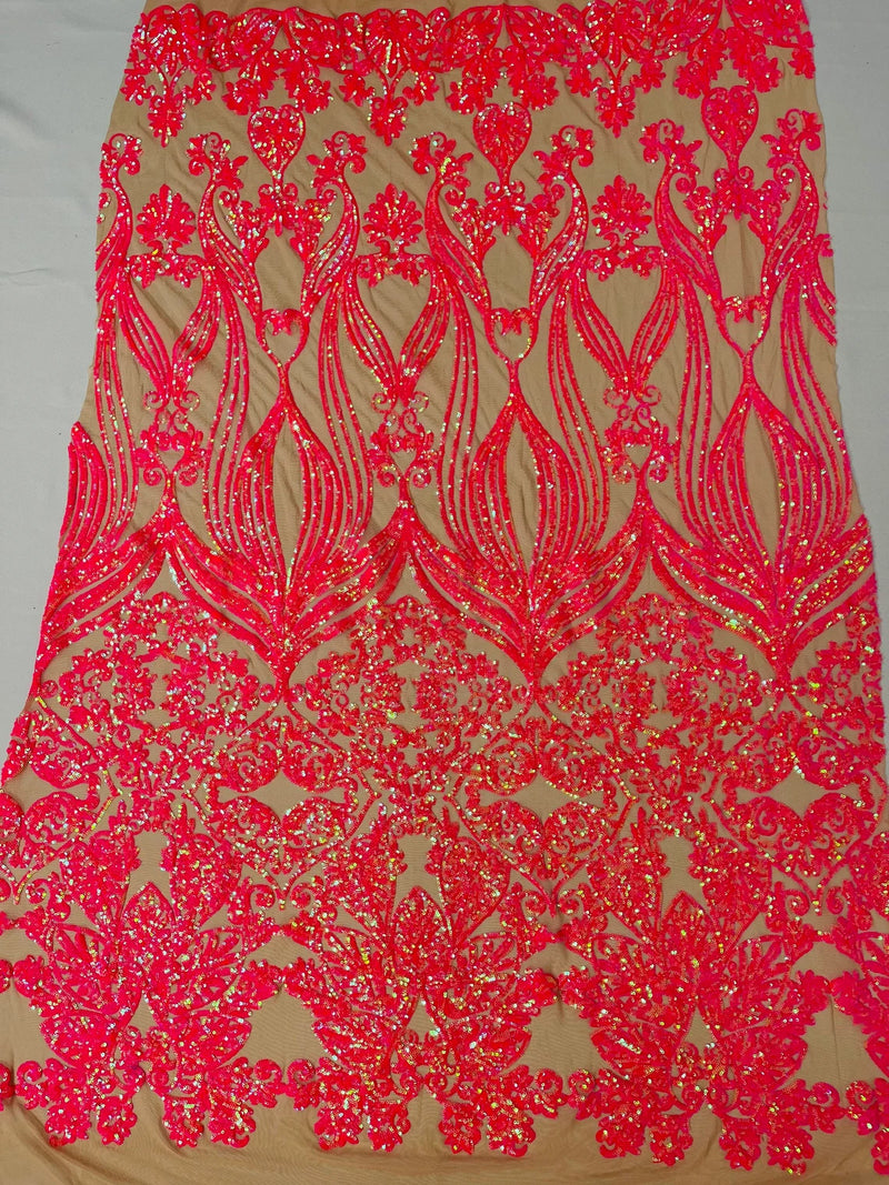 Damask Small Heart Design - Hot Pink on Nude - Floral Heart Design Sequins on Mesh By Yard