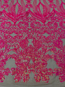 Damask Small Heart Design - Hot Pink on Nude - Floral Heart Design Sequins on Mesh By Yard