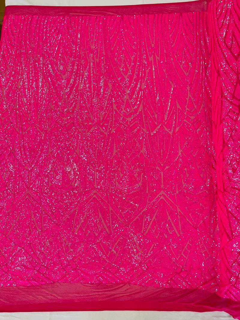 Sequins Fabric - Hot Pink - Geometric Pattern Design 4 Way Stretch Sold By Yard