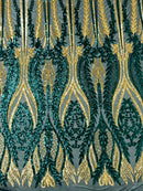 Two Tone Mermaid Fabric - Hunter Green / Gold - 4 Way Stretch Sequins Fabric on Mesh By Yard