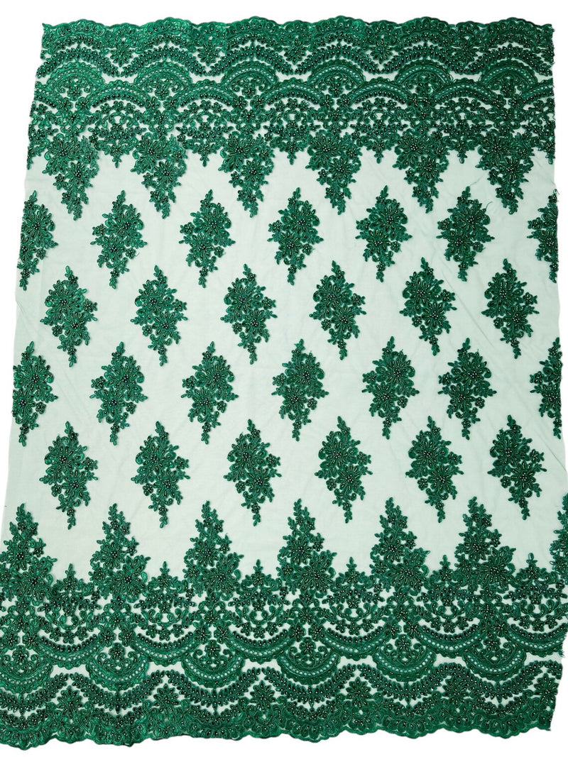 Flower Cluster Beaded Fabric - Hunter Green - Embroidered Beaded Layered Border Fabric Sold By Yard