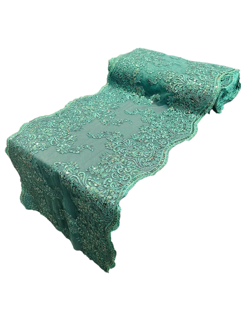 14" Metallic Floral Pattern Lace Table Runner - Hunter Green - Floral Table Runner for Event Decoration (Pick Color)