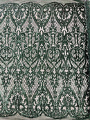 Heart Shape Sequins Fabric - Hunter Green - 4 Way Stretch Sequins Damask Fabric By Yard