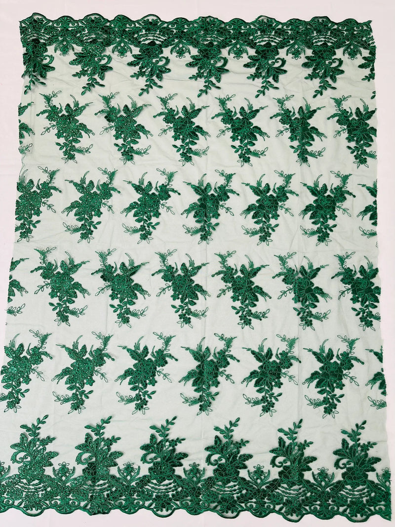 Plant Cluster Sequins Design - Hunter Green - Flower Sequins Embroidered Design on Tulle Sold By Yard