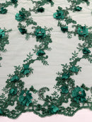3D Flower Sequin Cluster Design - Hunter Green - Sequins Embroidered Floral Design on Tulle Sold By Yard