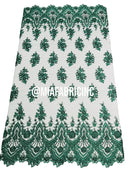 Floral Cluster Beaded Fabric - Hunter Green - Embroidered Fancy Fashion Design Beads and Sequins Sold by yard